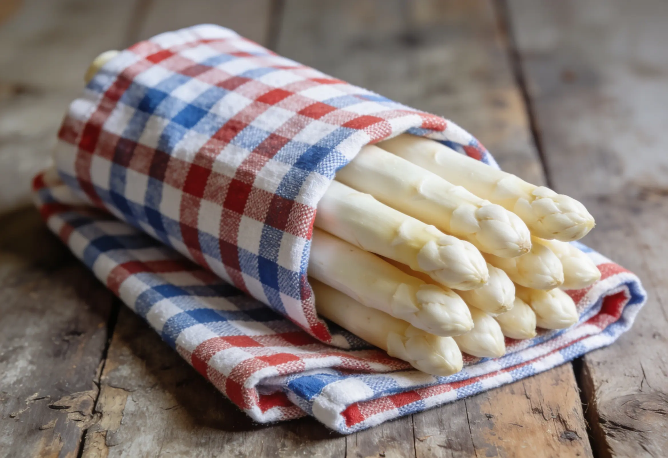 Weißer Spargel in ein Küchentuch eingewickelt – so bleibt er im Kühlschrank frisch